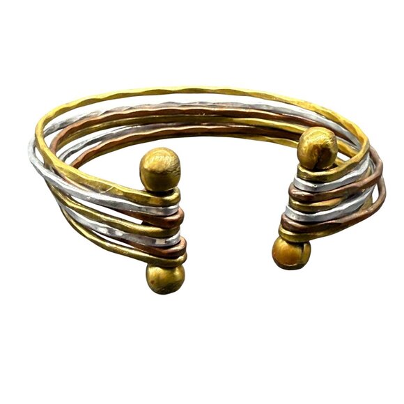 Handcrafted Multitone Open Cuff Bracelet With Gold Copper & Silver Plated Wavy S - Picture 2 of 7